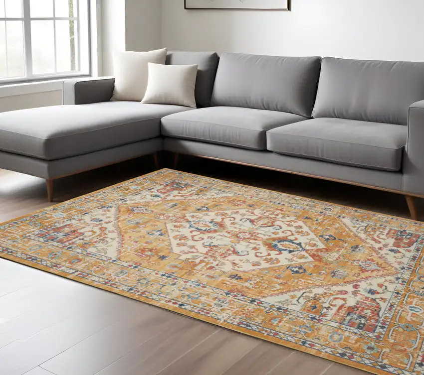Yellow And Ivory Medallion Area Rug Photo 1