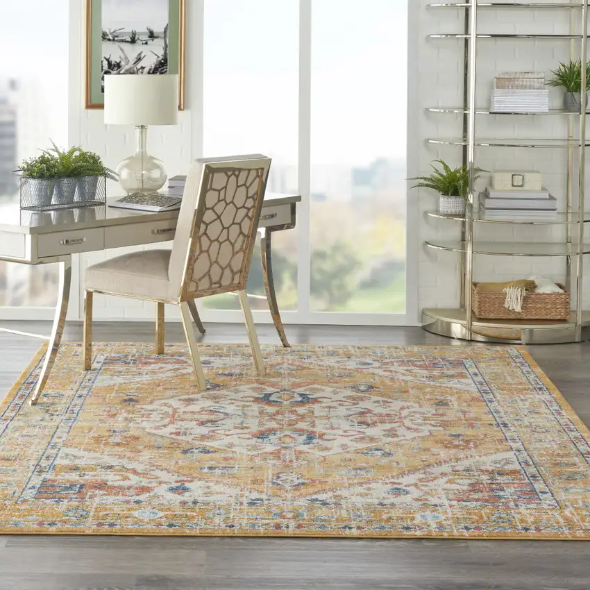 Yellow And Ivory Medallion Area Rug Photo 4