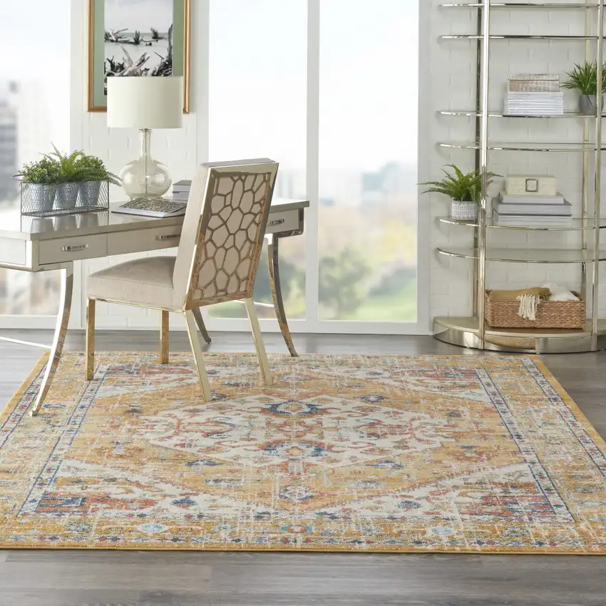 Ivory and Yellow Center Medallion Area Rug Photo 6