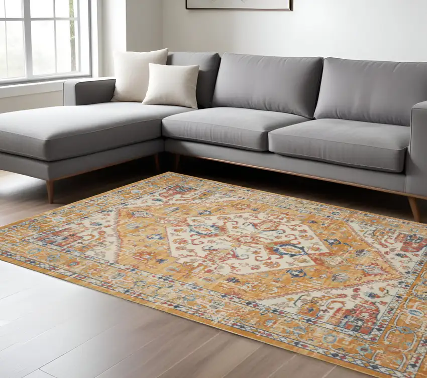 Yellow And Ivory Medallion Area Rug Photo 2