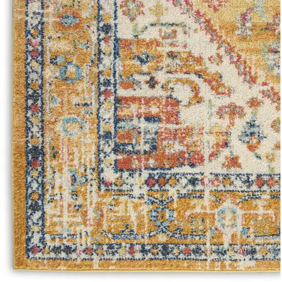 10' Yellow And Ivory Medallion Runner Rug Photo 8