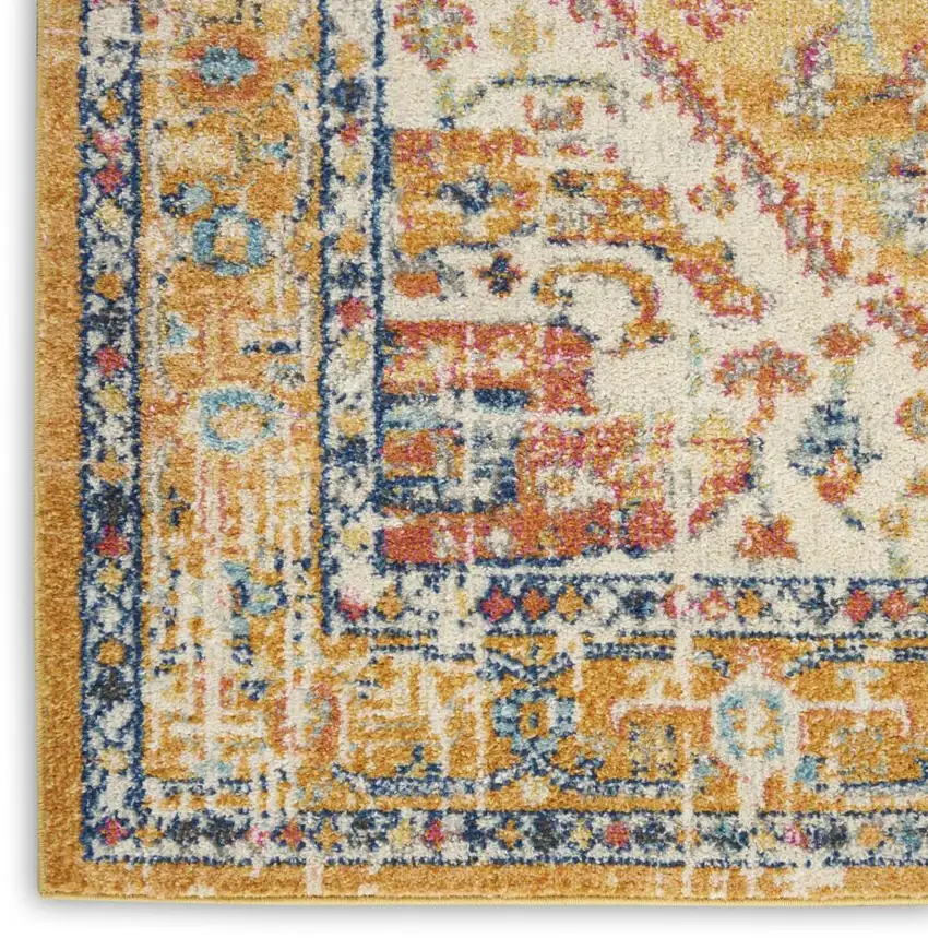 10' Yellow And Ivory Medallion Runner Rug Photo 8