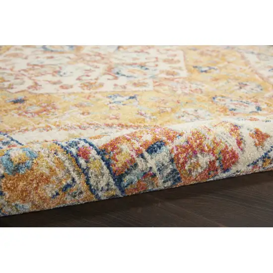 10' Yellow And Ivory Medallion Runner Rug Photo 9