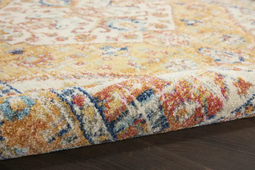 10' Yellow And Ivory Medallion Runner Rug Photo 9