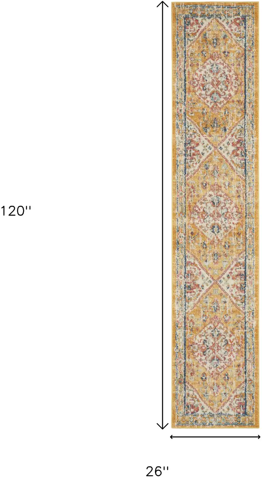 10' Yellow And Ivory Medallion Runner Rug Photo 3
