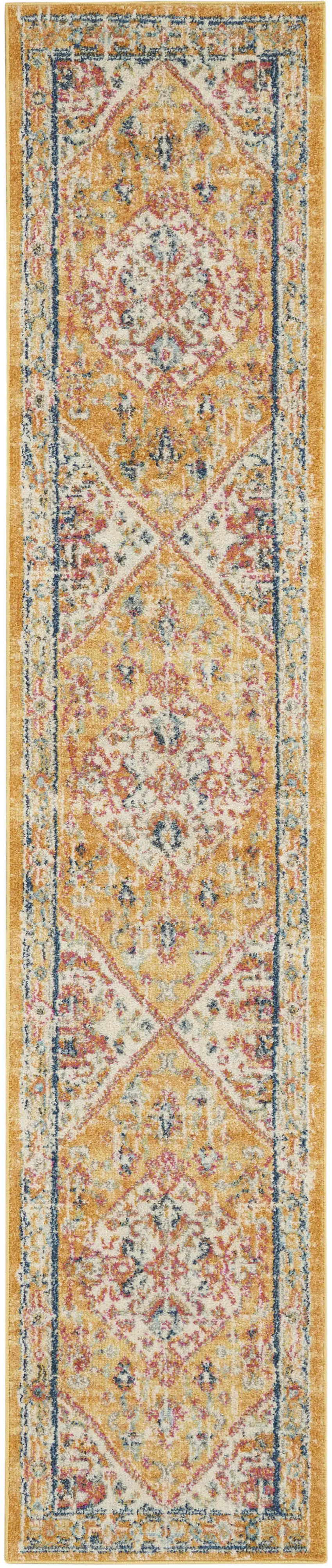 10' Yellow And Ivory Medallion Runner Rug Photo 1