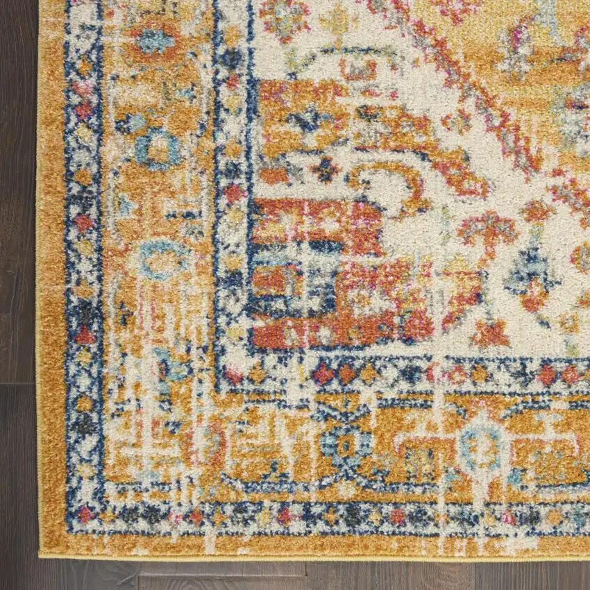 8' Yellow And Ivory Medallion Runner Rug Photo 9