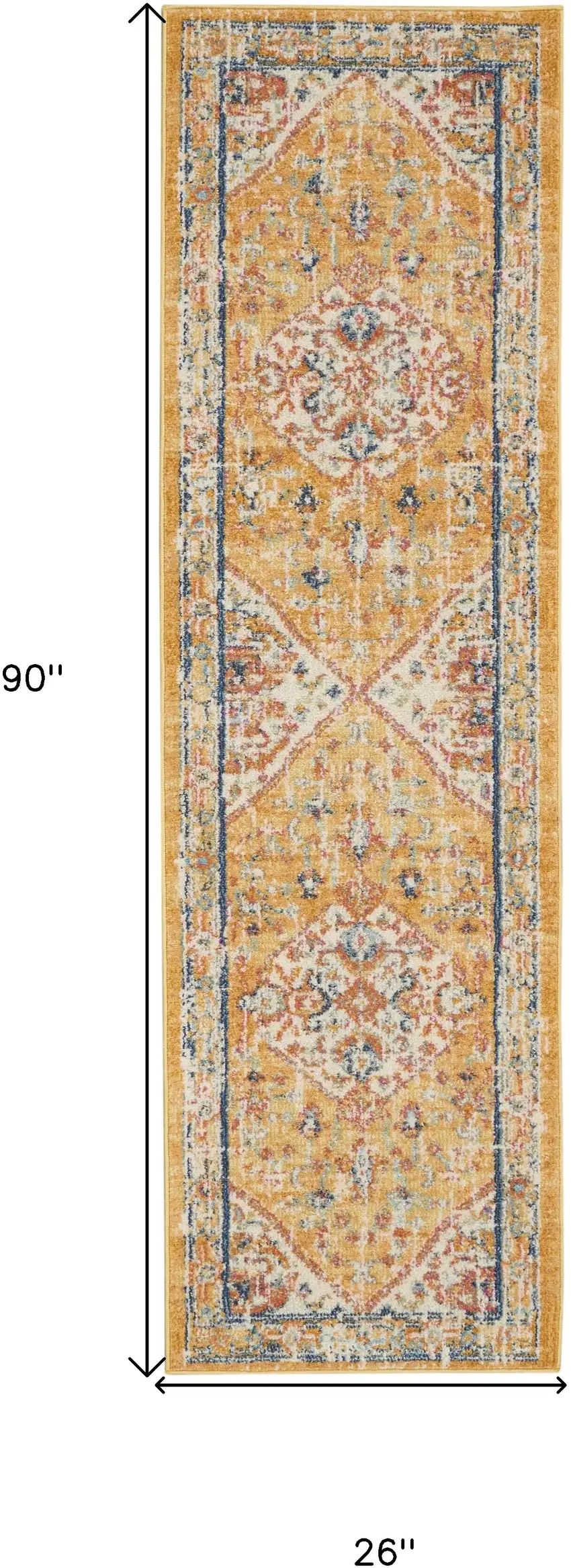 8' Yellow And Ivory Medallion Runner Rug Photo 9