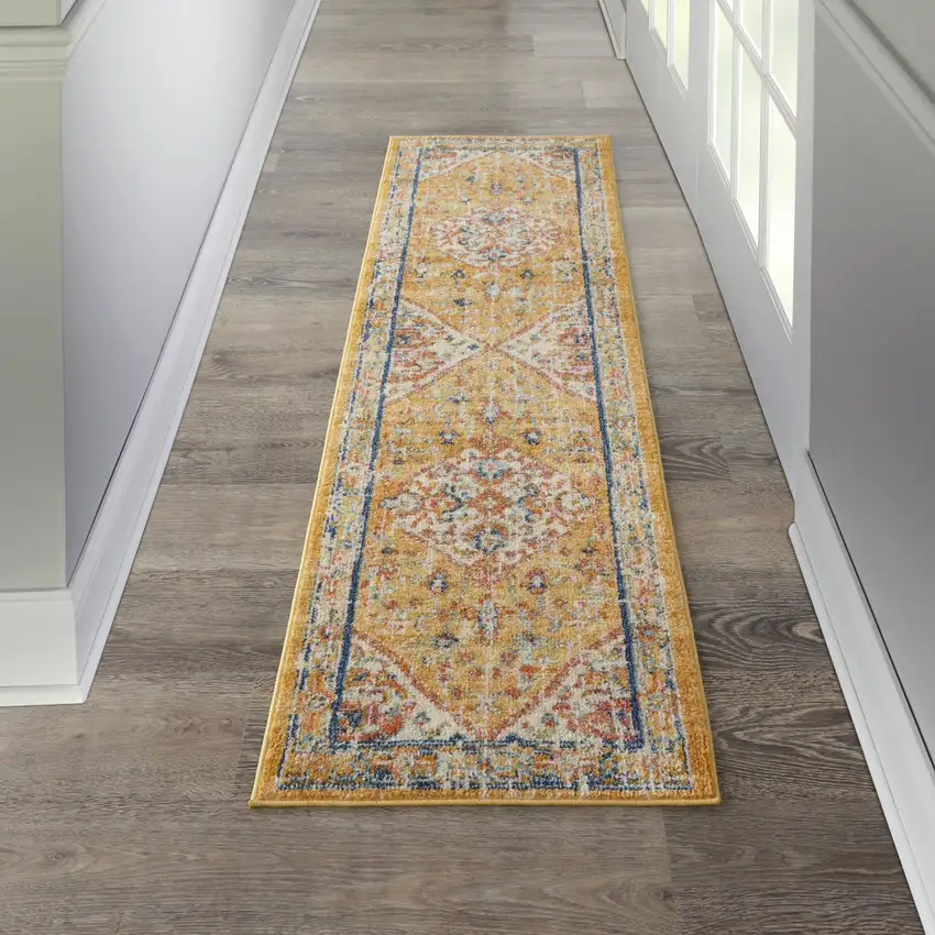 8' Yellow And Ivory Medallion Runner Rug Photo 4