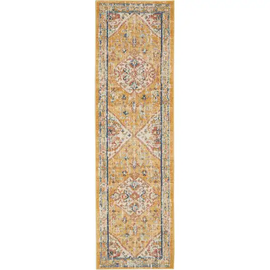 8' Yellow And Ivory Medallion Runner Rug Photo 8