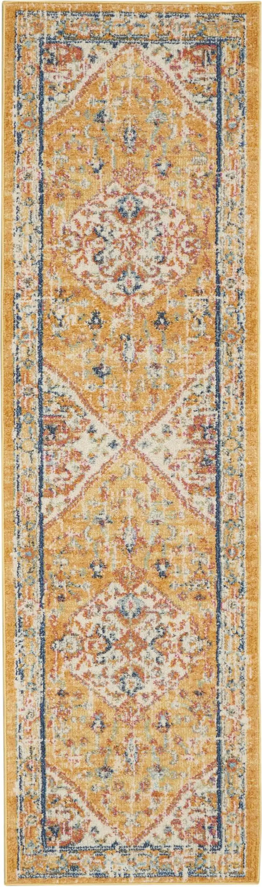8' Yellow And Ivory Medallion Runner Rug Photo 8