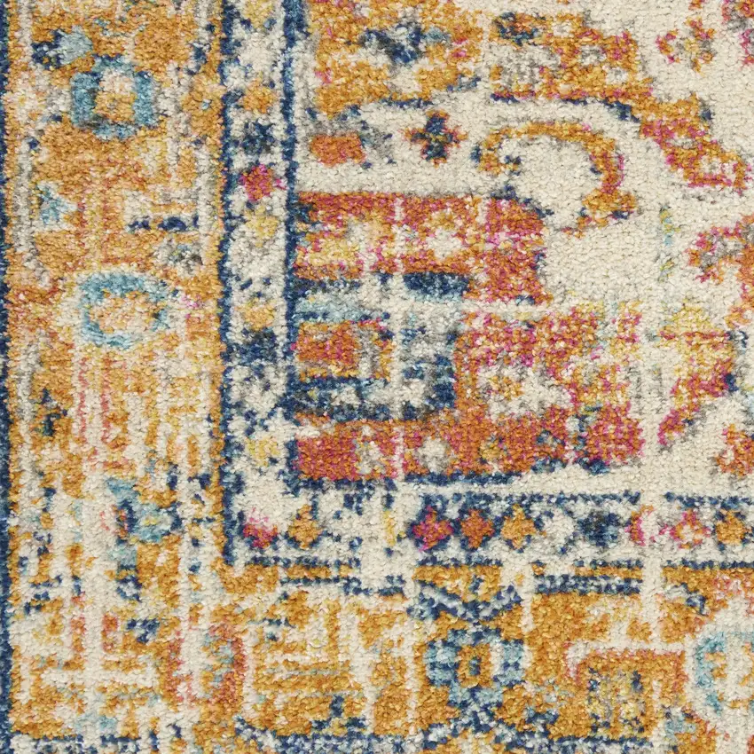 8' Yellow And Ivory Medallion Runner Rug Photo 9