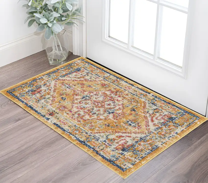 Yellow And Ivory Medallion Area Rug Photo 2
