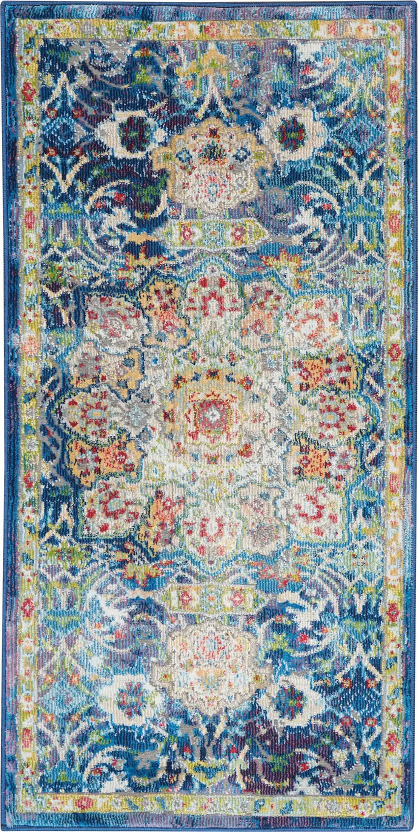 Ivory and Yellow Floral Medallion Distressed Non Skid Area Rug Photo 1