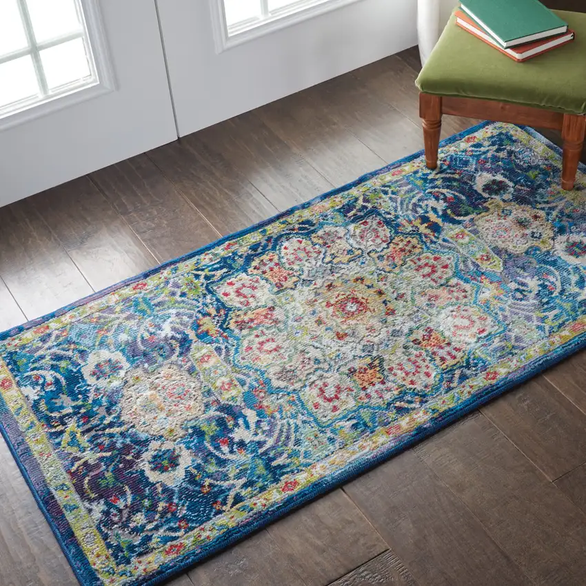 Ivory and Yellow Floral Medallion Distressed Non Skid Area Rug Photo 5