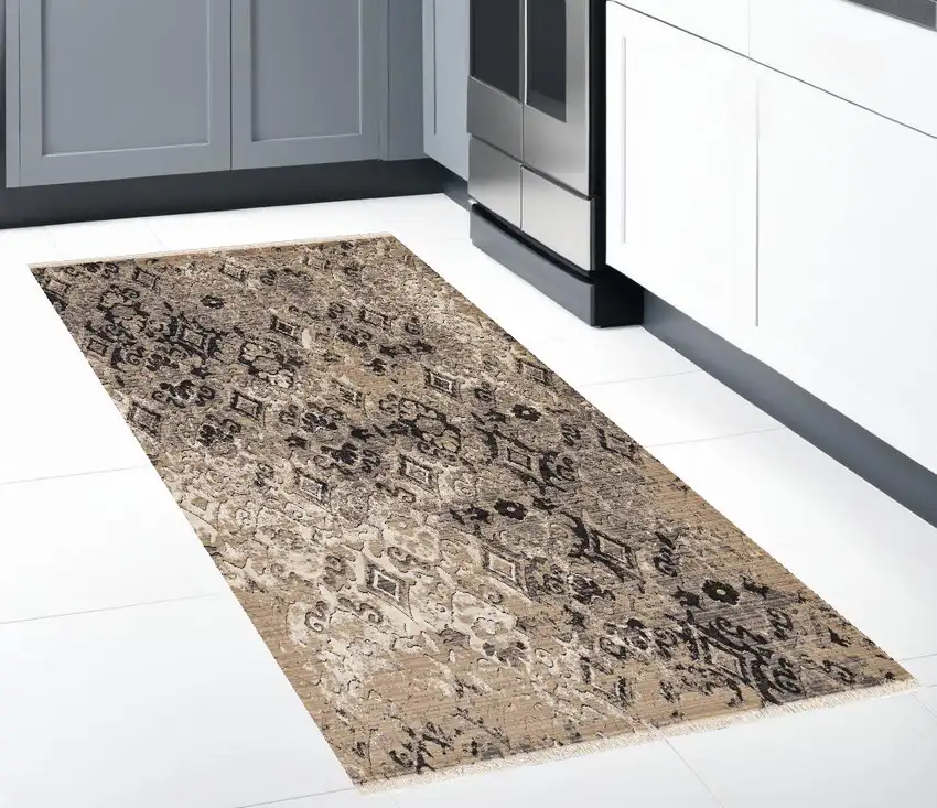 Ivory Or Beige Antique Pattern Runner Rug Photo 1