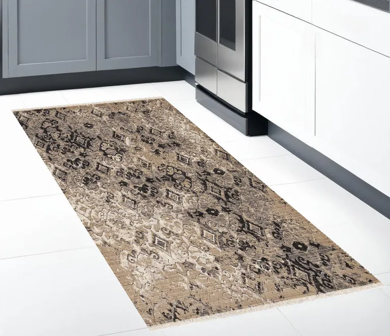 Ivory or Beige Antique Pattern Runner Rug Photo 5