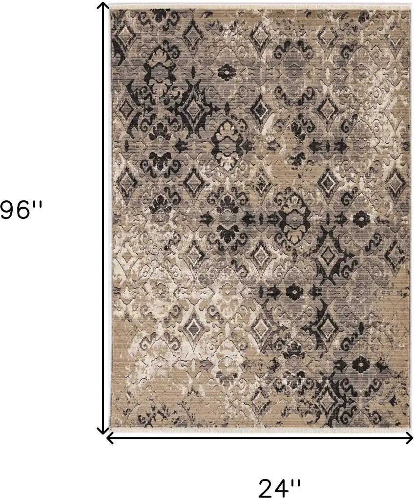 Ivory Or Beige Antique Pattern Runner Rug Photo 3