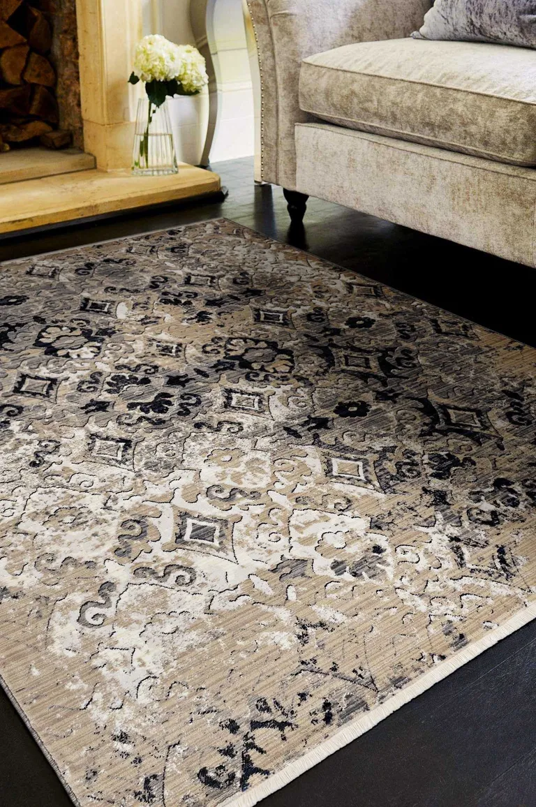 Ivory or Beige Antique Pattern Runner Rug Photo 5