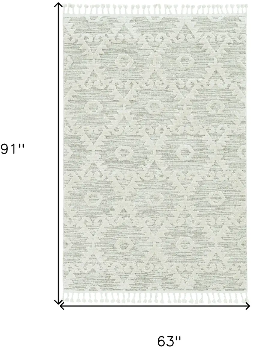 Ivory Or Beige Geometric Diamond Indoor Area Rug With Fringe Photo 3