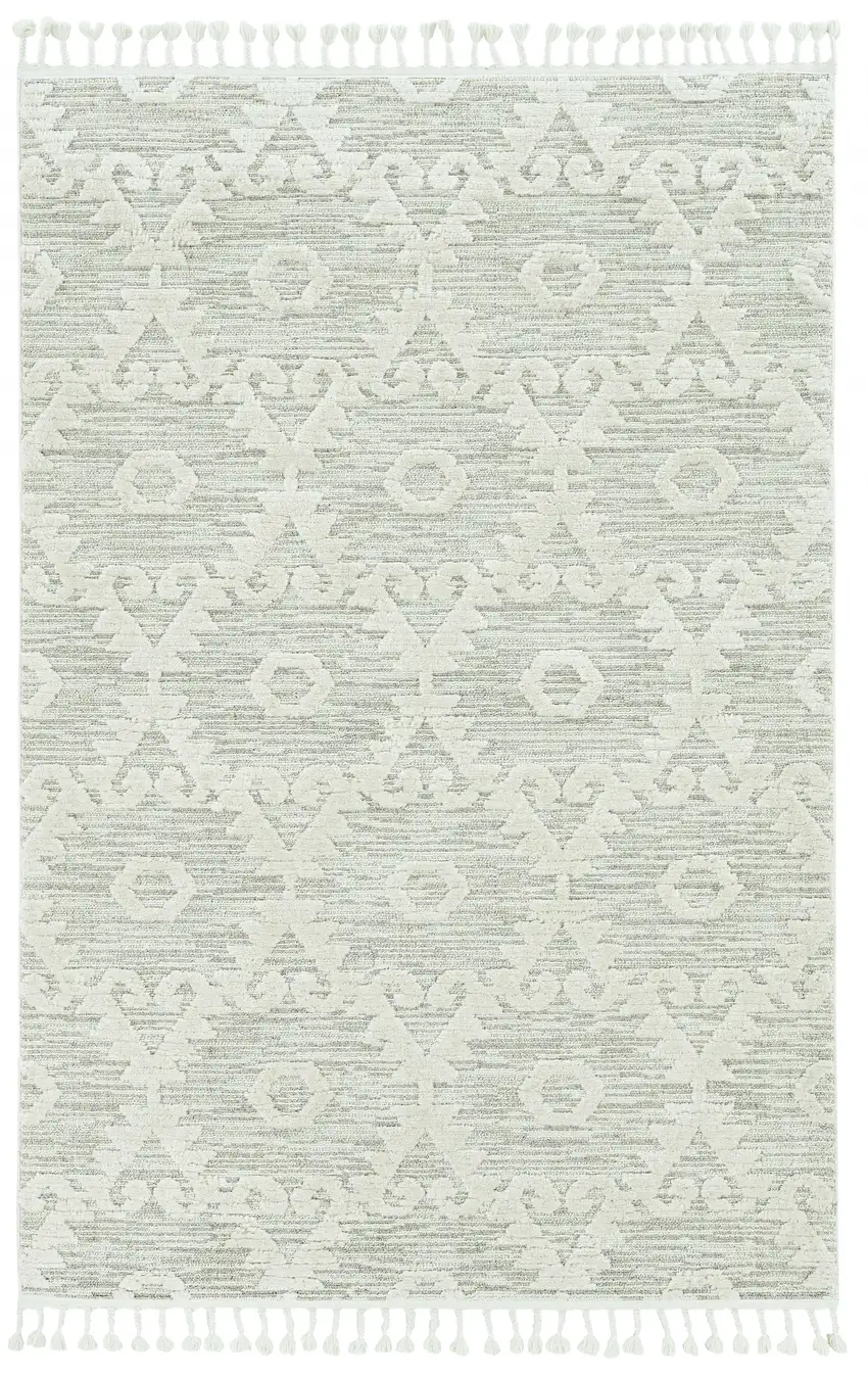Ivory or Beige Geometric Diamond Indoor Area Rug with Fringe Photo 2
