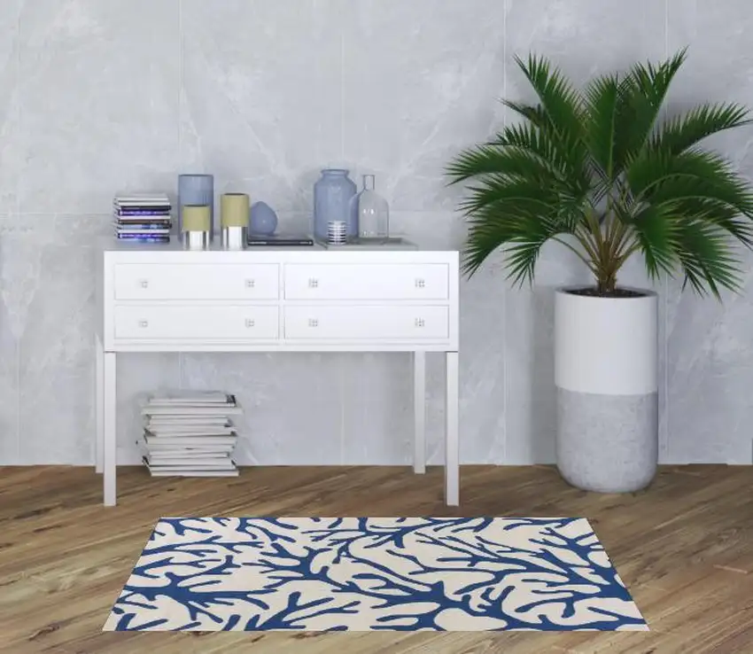 Ivory and Blue Coral Hand Hooked Area Rug Photo 1