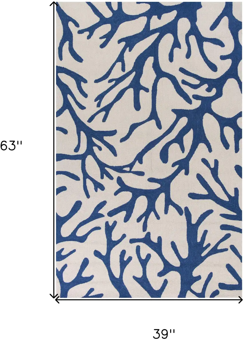 Ivory and Blue Coral Hand Hooked Area Rug Photo 8