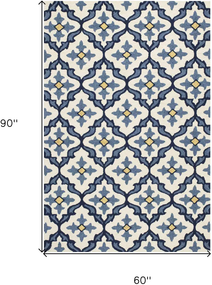 5' X 7' Ivory Or Blue Geometric Mosaic Indoor Outdoor Area Rug Photo 6