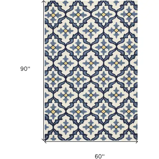 5' X 7' Ivory Or Blue Geometric Mosaic Indoor Outdoor Area Rug Photo 6