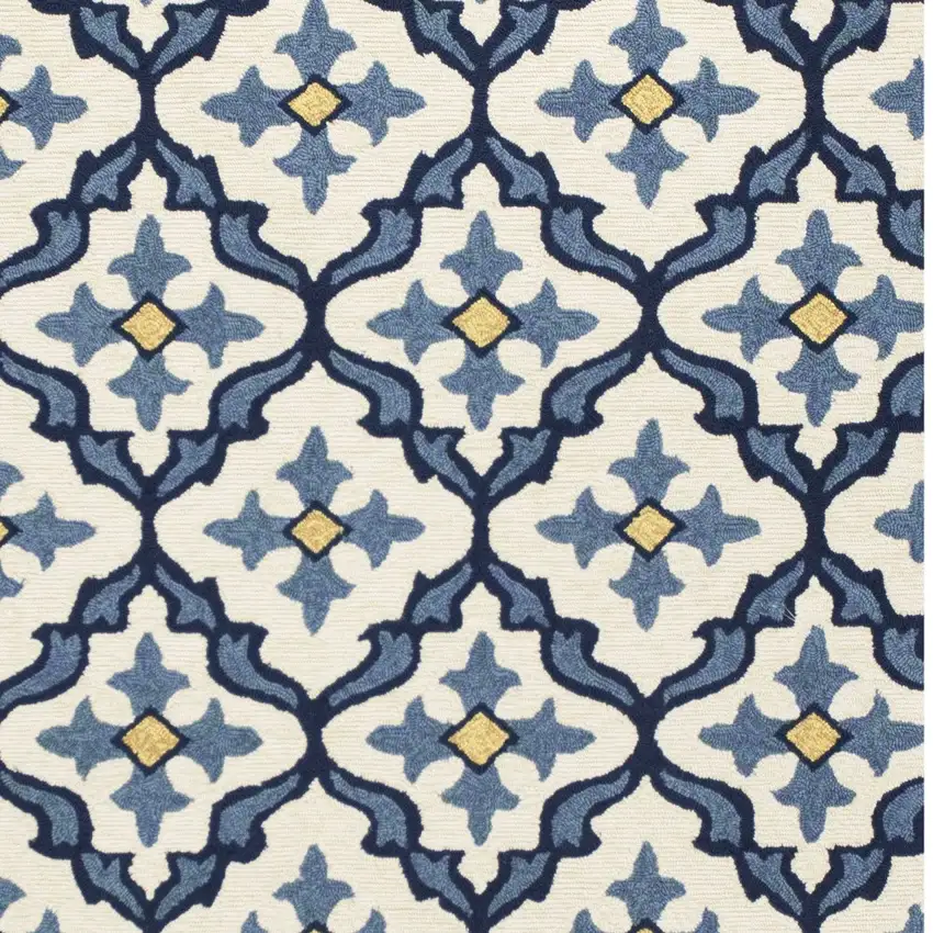5' X 7' Ivory Or Blue Geometric Mosaic Indoor Outdoor Area Rug Photo 3