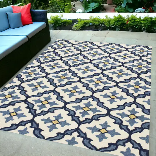 5' X 7' Ivory Or Blue Geometric Mosaic Indoor Outdoor Area Rug Photo 1