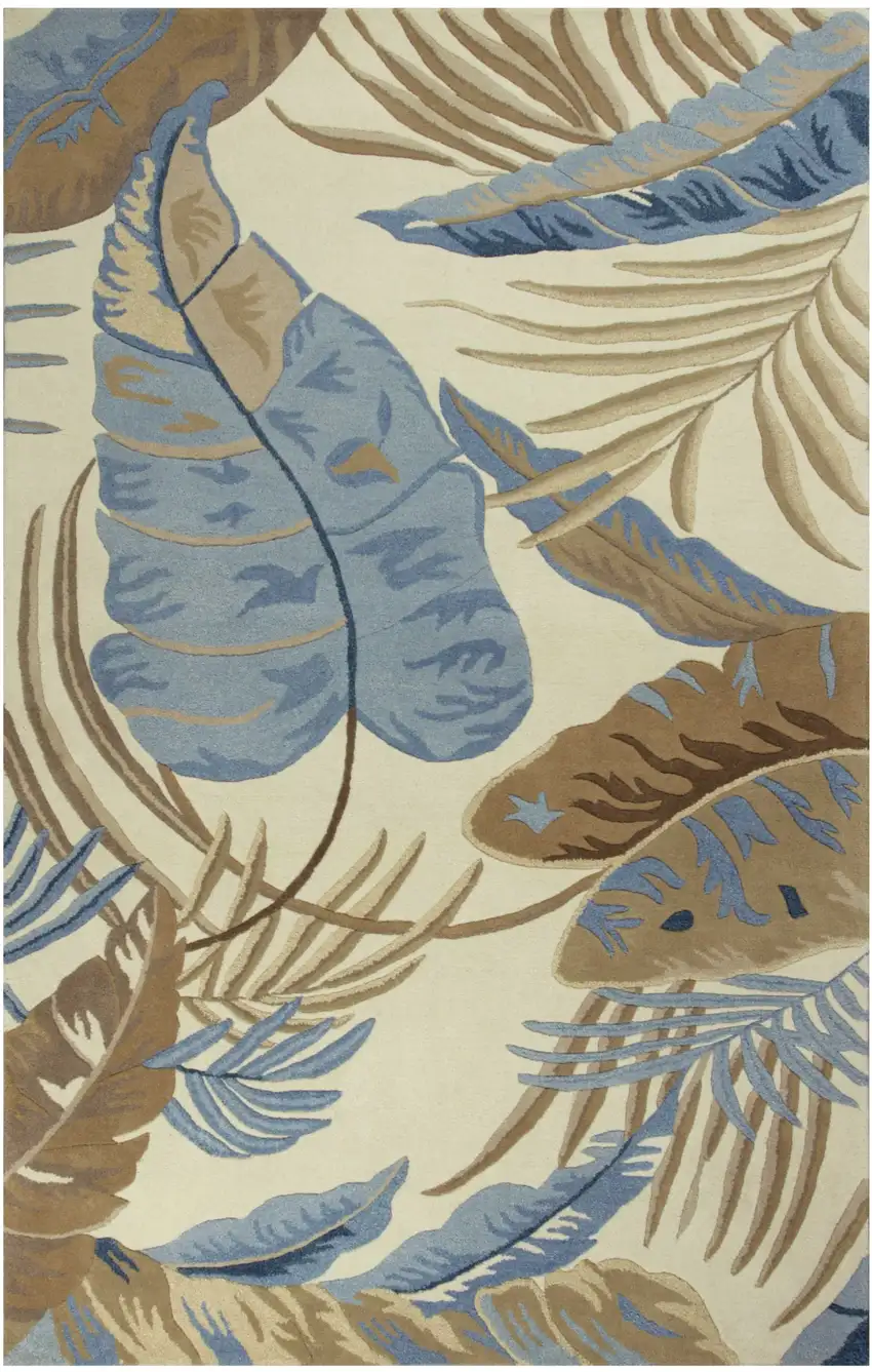 Ivory Or Blue Leaves Wool Area Rug Photo 1
