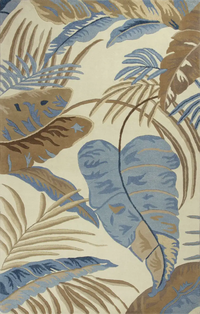 Ivory or Blue Leaves Wool Area Rug Photo 1