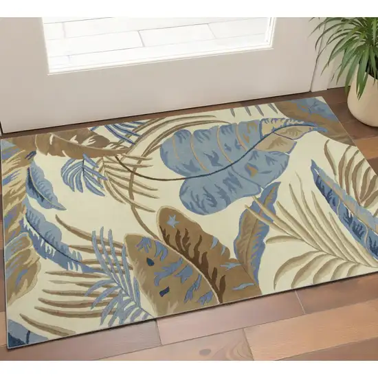 Ivory Blue And Brown Wool Tropical Botanical Hand Tufted Area Rug Photo 1