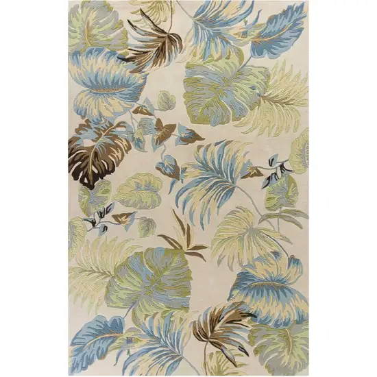 Ivory And Blue Wool Botanical Leaves Hand Tufted Area Rug Photo 1