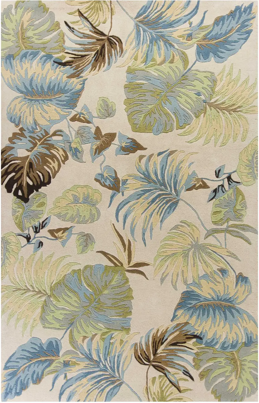 Ivory And Blue Wool Botanical Leaves Hand Tufted Area Rug Photo 1
