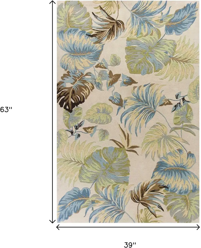 Ivory And Blue Wool Botanical Leaves Hand Tufted Area Rug Photo 9