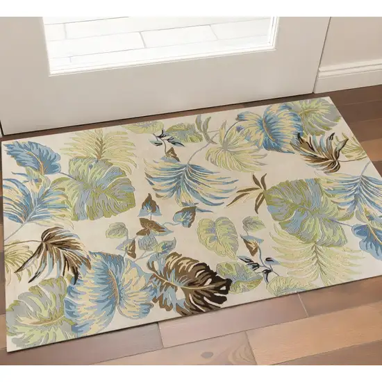 Ivory And Blue Wool Botanical Leaves Hand Tufted Area Rug Photo 2