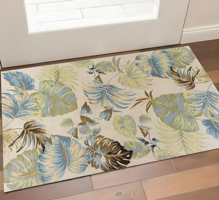 Ivory And Blue Wool Botanical Leaves Hand Tufted Area Rug Photo 2