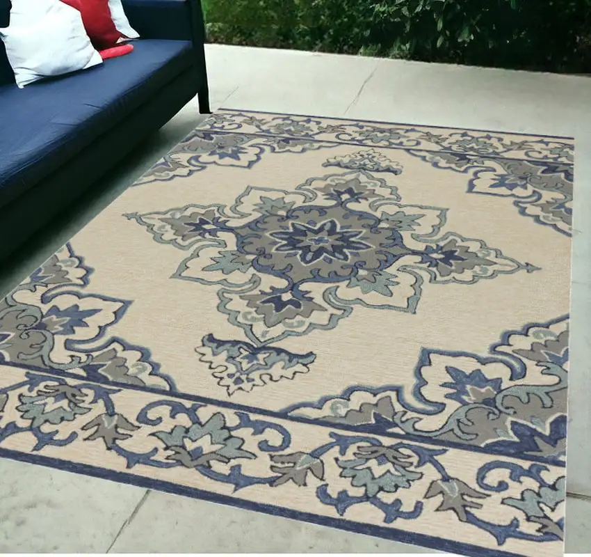 5' X 7' Ivory Or Blue Vines Bordered Uv Treated Indoor Outdoor Area Rug Photo 2