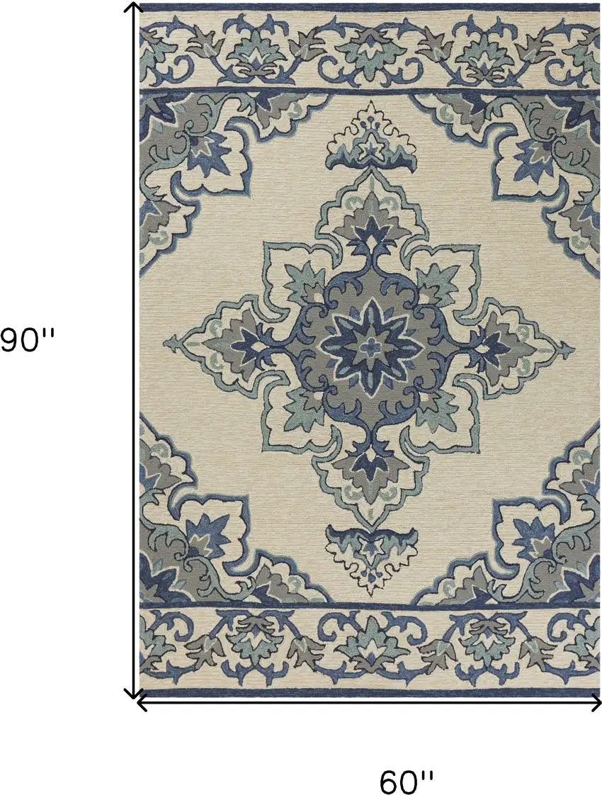 5' X 7' Ivory Or Blue Vines Bordered Uv Treated Indoor Outdoor Area Rug Photo 7