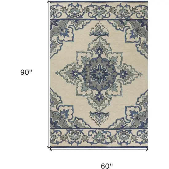 5' X 7' Ivory Or Blue Vines Bordered Uv Treated Indoor Outdoor Area Rug Photo 7