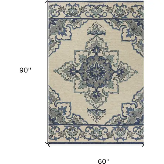 5' X 7' Ivory Or Blue Vines Bordered Uv Treated Indoor Outdoor Area Rug Photo 7