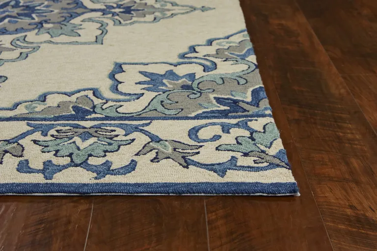 Ivory or Blue Vines Bordered UV Treated Indoor Outdoor Area Rug Photo 5