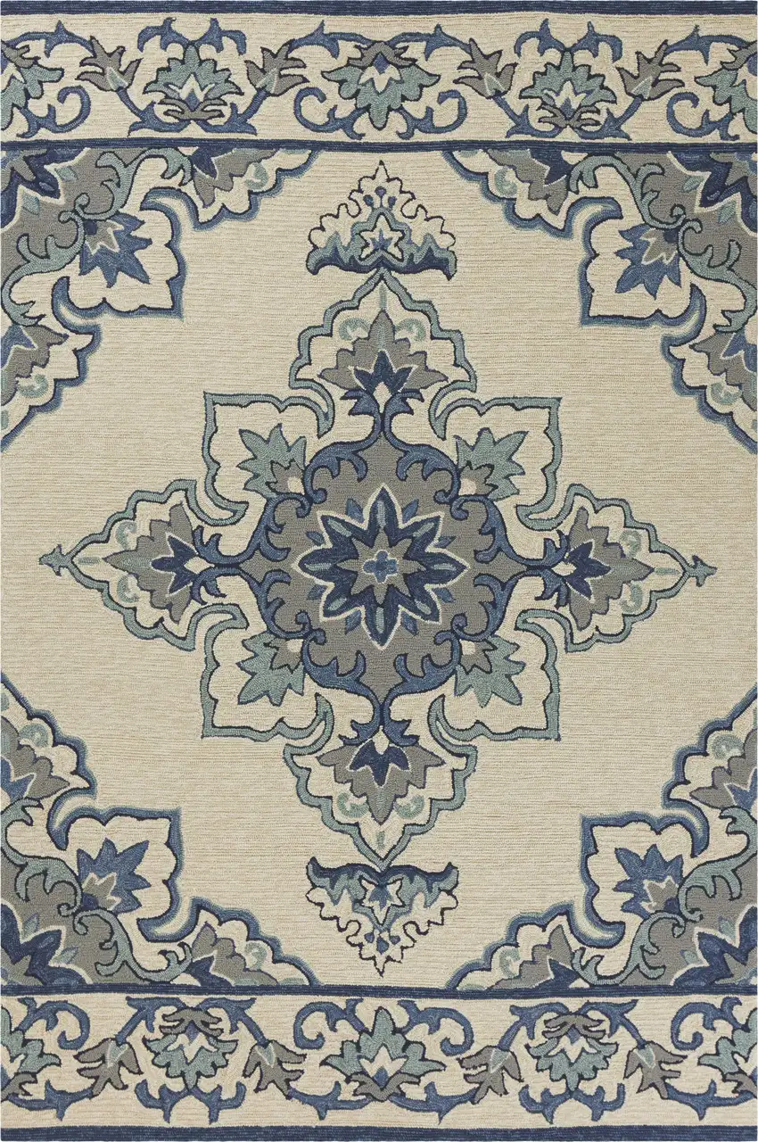 Ivory or Blue Vines Bordered UV Treated Indoor Outdoor Area Rug Photo 1