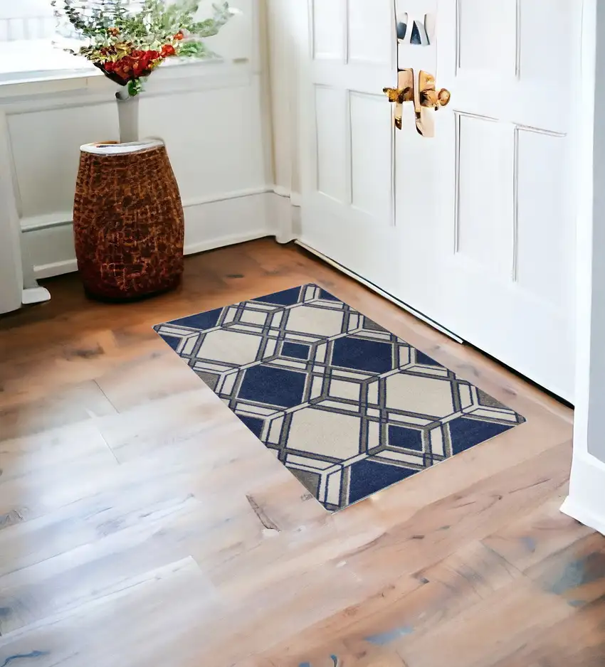 Ivory Or Denim Geometric Hexagon Uv Treated Accent Rug Photo 1