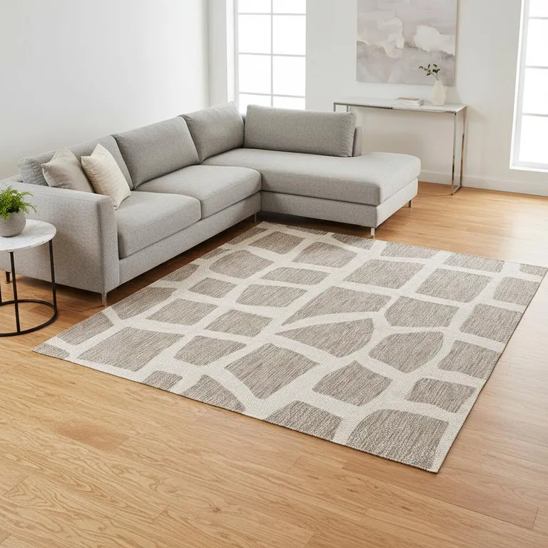 Ivory or Grey Abstract Tiles Indoor Area Rug Photo 1