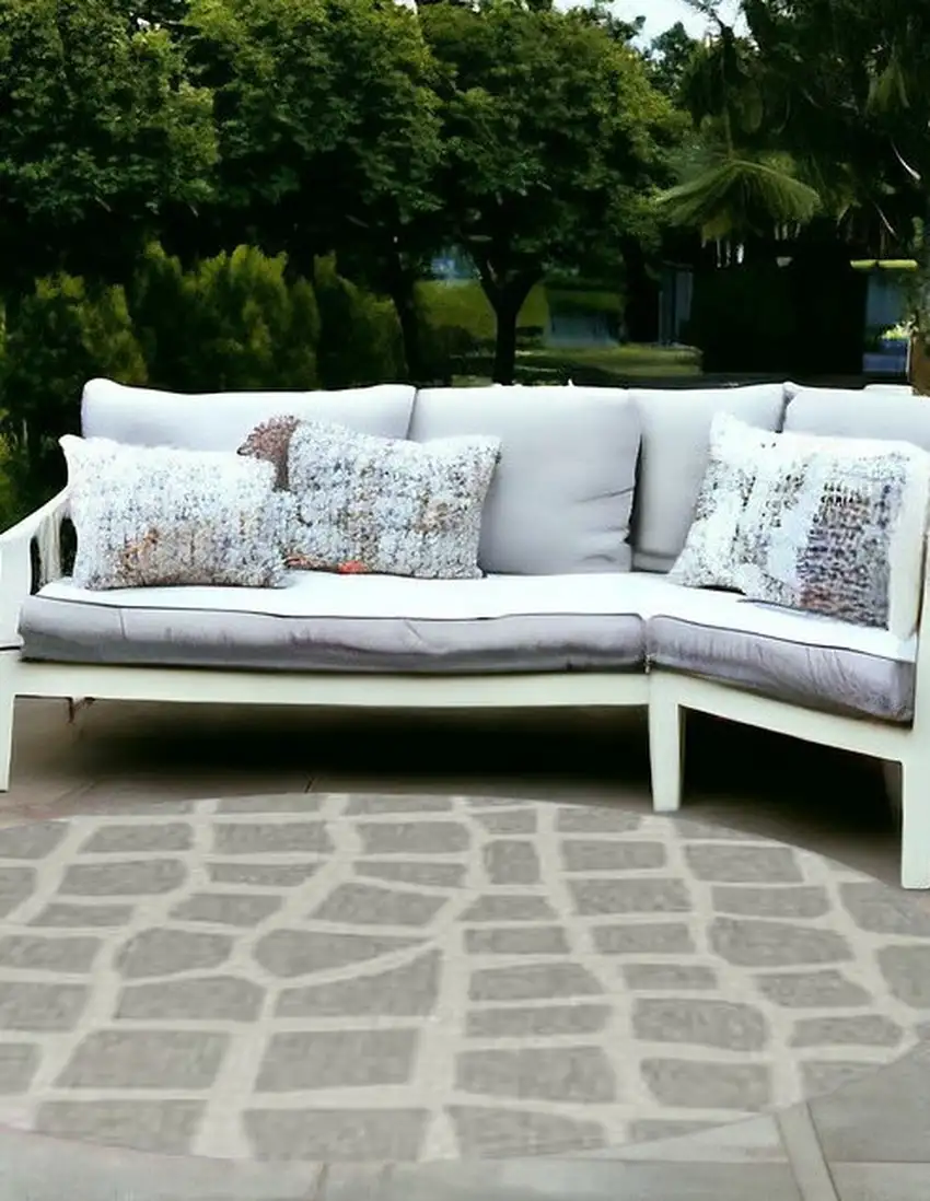 Ivory Or Grey Abstract Tiles Indoor Outdoor Area Rug Photo 1