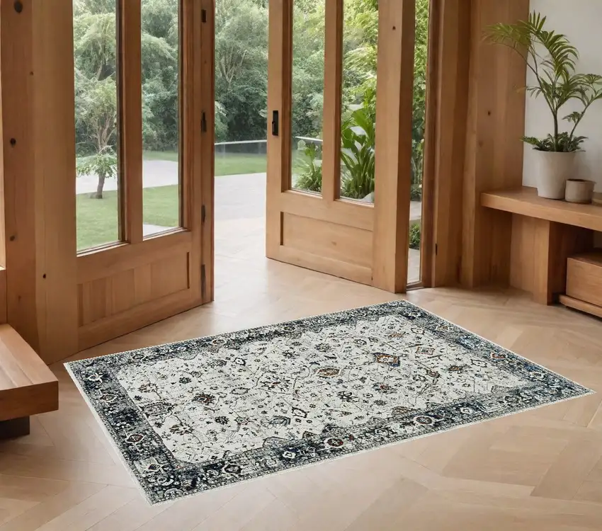 Ivory Or Grey Bordered Area Rug Photo 1