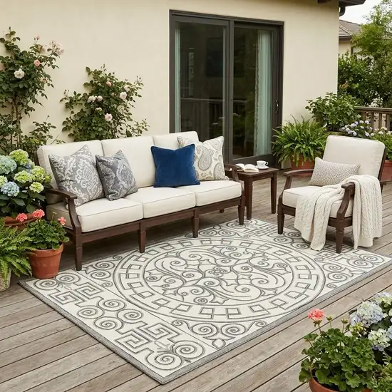 Gray And Ivory Damask Indoor Outdoor Area Rug Photo 1